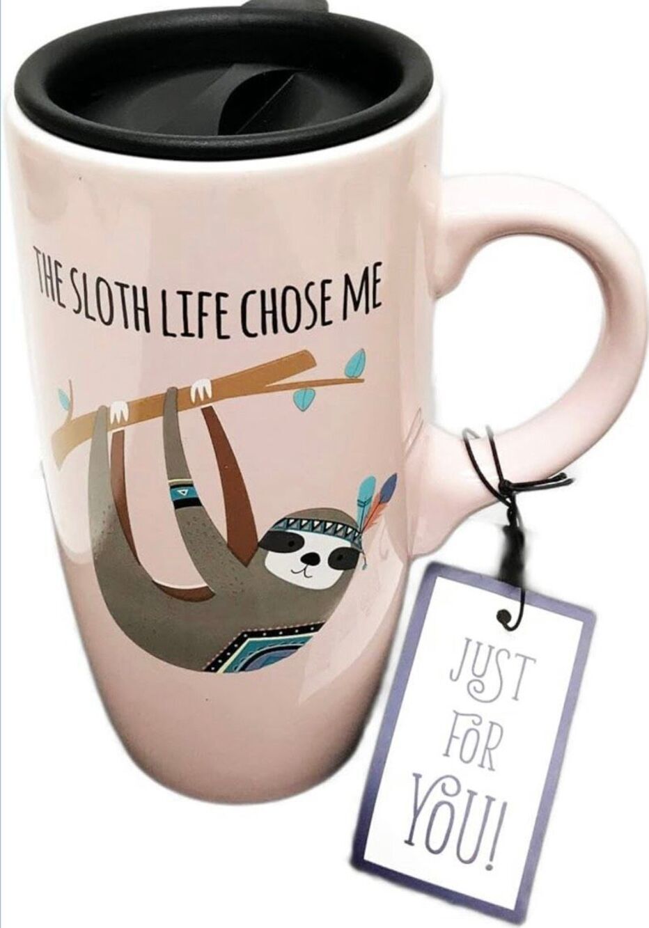 NWT Sheffield Home Pink The Sloth Life Chose Me Tall Travel Coffee Mug with Lid
